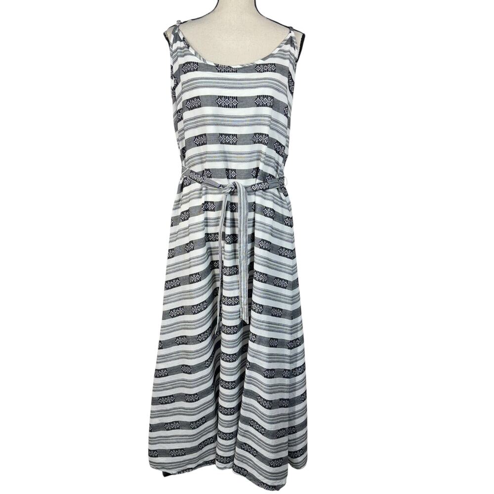 Garnet Hill SZ 16 A-Line Maxi Dress Striped Belted Lined Spaghetti Straps Cotton